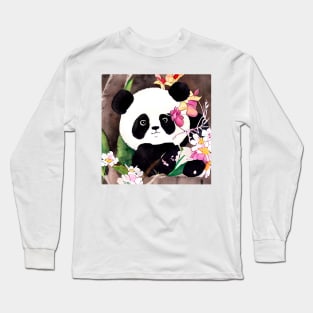 Cute panda and sweet peas blossom watercolor painting Long Sleeve T-Shirt